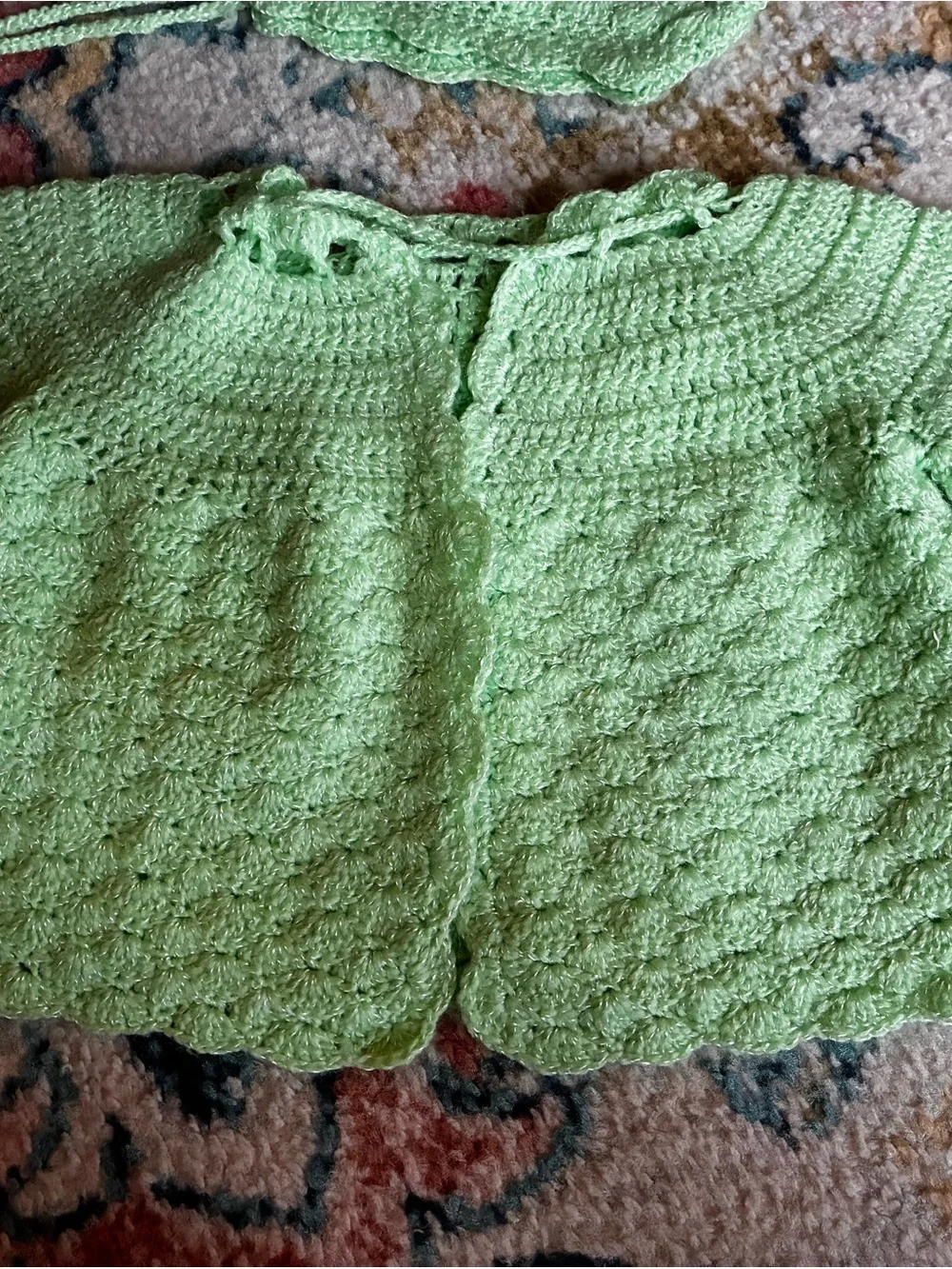 Child's Hand-Knit Light Green Cardigan & Bonnet Set (3-6 months)